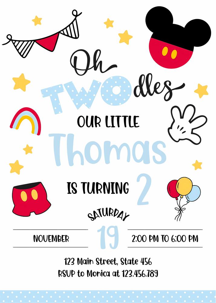 Oh Twodles Mickey Mouse 2nd Birthday Invitation | Editable Canva Template