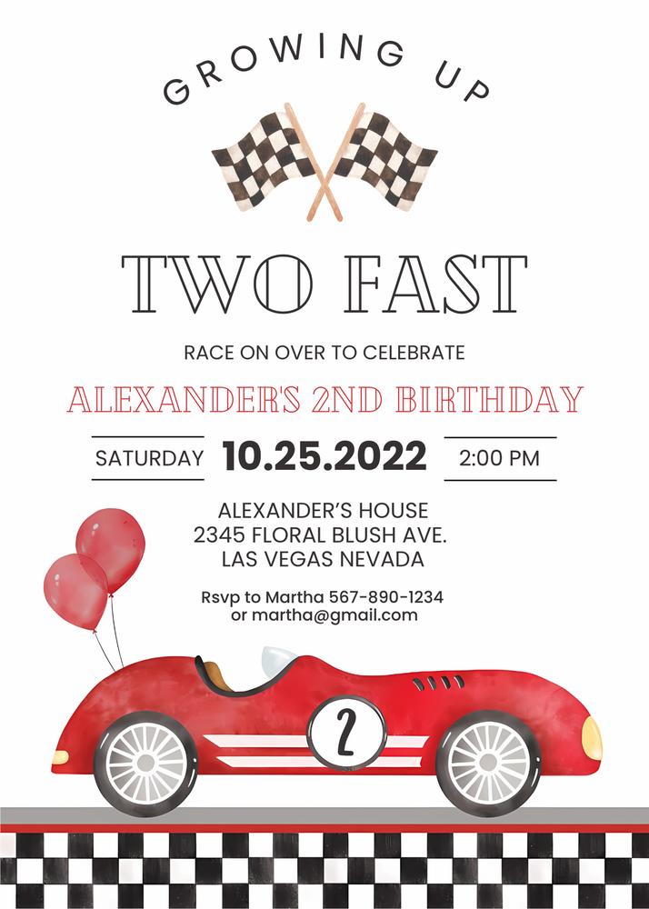 Vintage Race Car 2nd Birthday Invitation | Red Blue Pink Two Fast Canva