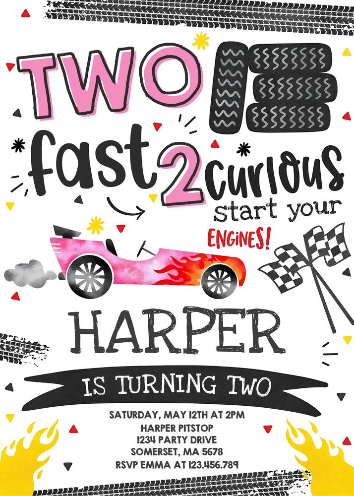 Two Fast Two Curious Race Car 2nd Birthday Invitation | Editable Canva Template