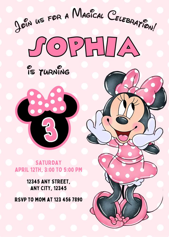 Minnie Mouse Pink Birthday Invite | Girls Mouse Birthday Party Canva Template