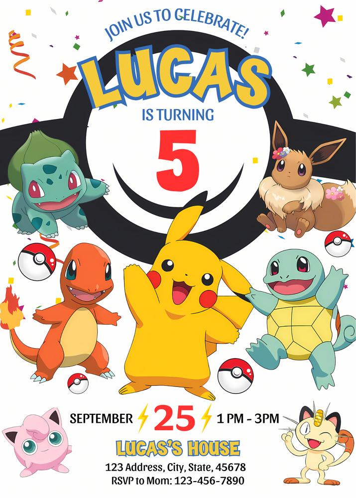 Pokemon Birthday Invitation | Editable Pikachu Card Party Invite Canva Template
