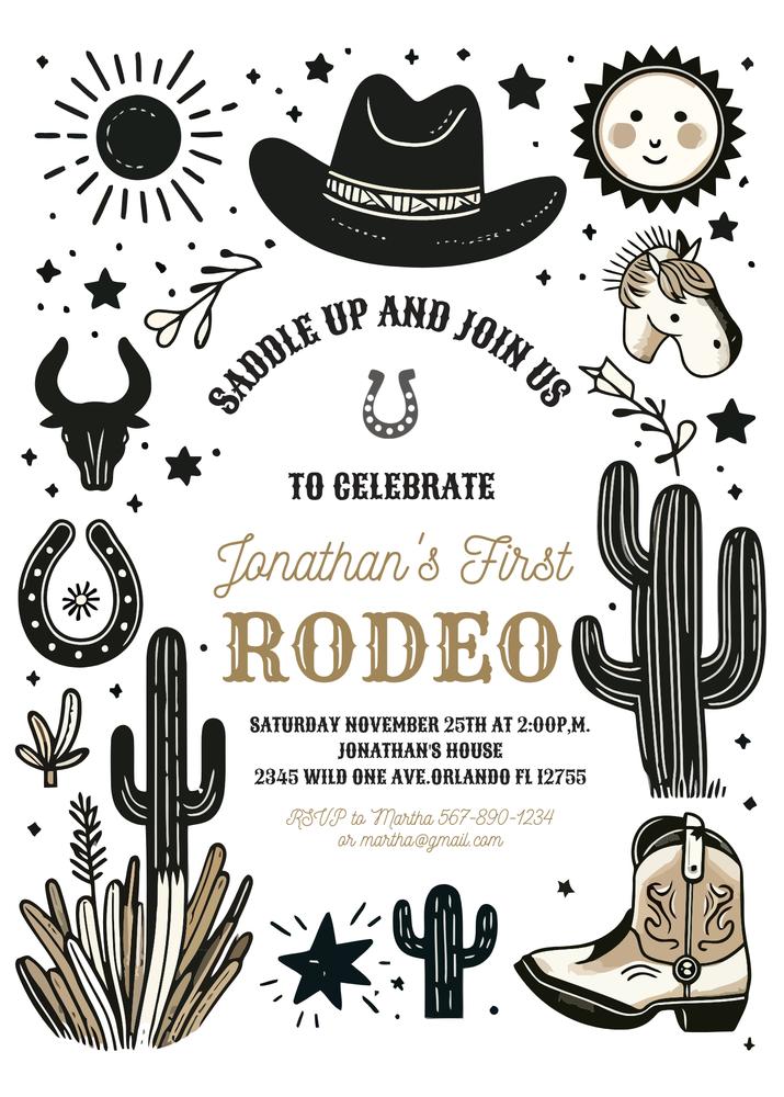 First Rodeo Birthday Invitation | Editable Wild West Cowboy Canva Template