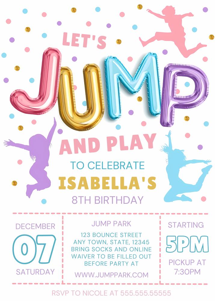 Trampoline Park Birthday Invitation | Editable Canva Jump Party Invite Template