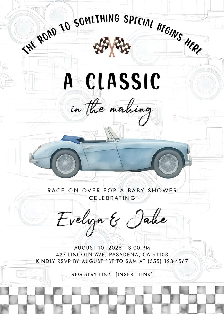 Classic Blue Vintage Car Baby Shower Invite | Editable Canva Template
