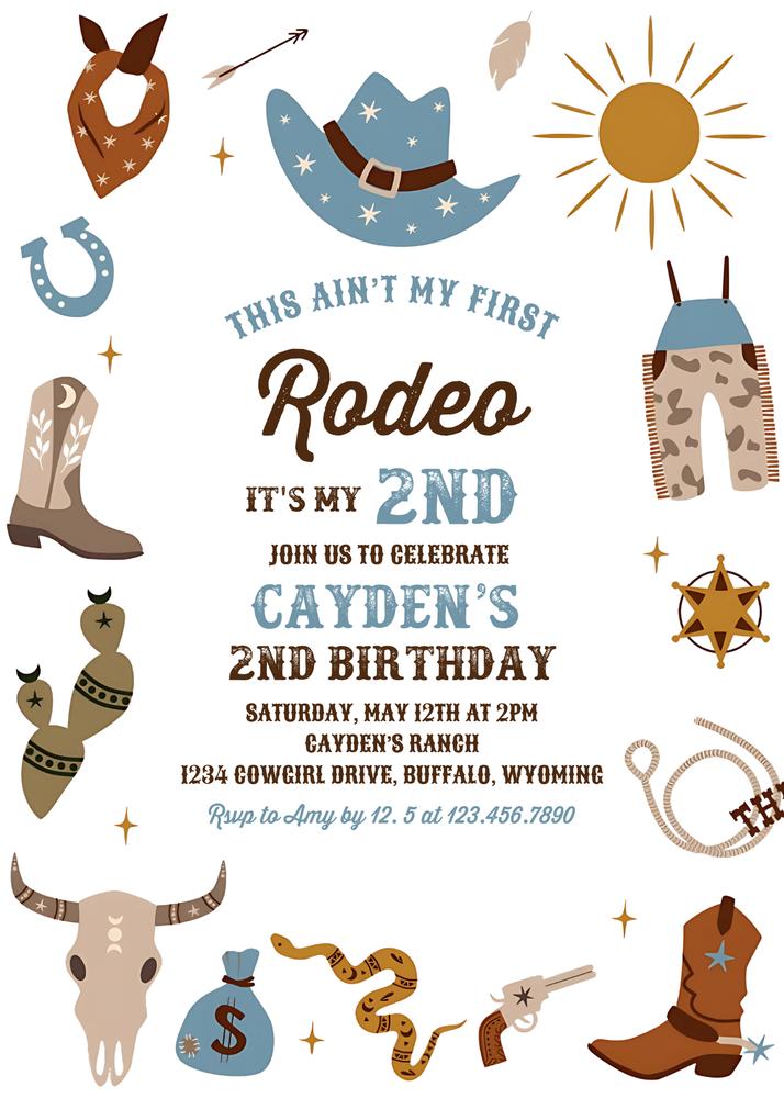 Blue Second Rodeo 2nd Birthday Invitation | Editable Canva Template