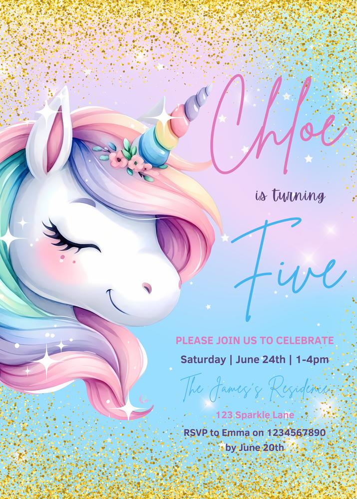 Editable Unicorn Birthday Invitation | Pastel Rainbow Sparkle Canva Template