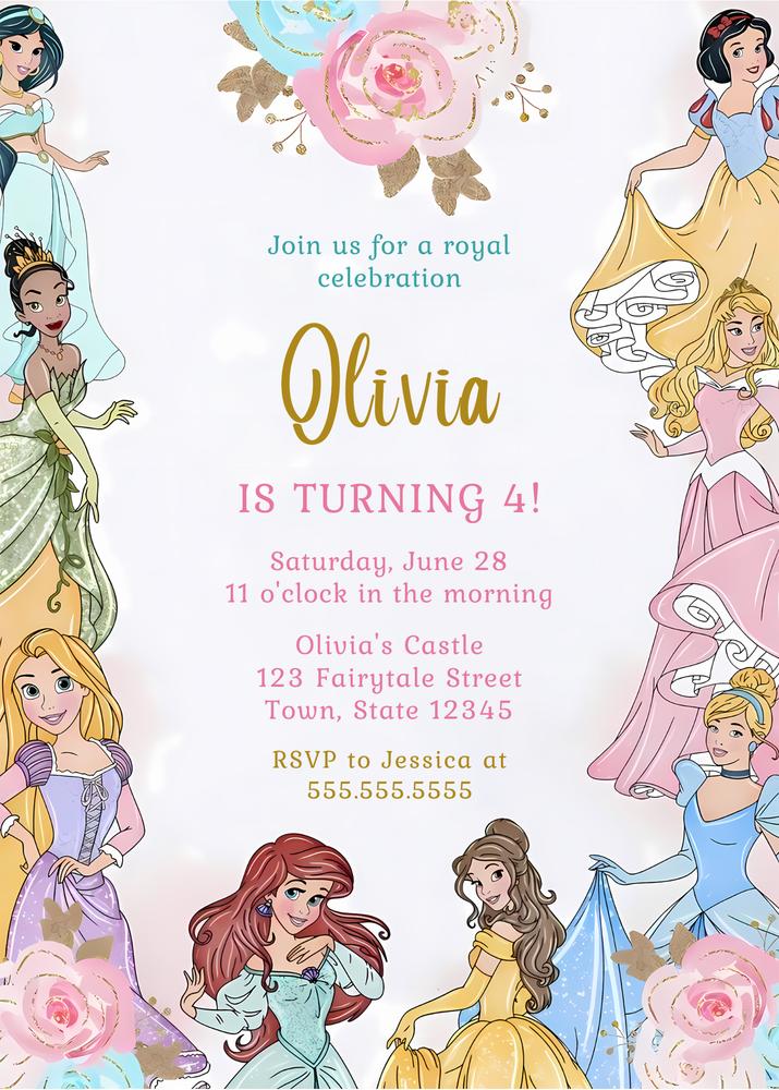Editable Watercolor Princess Birthday Invitation | Pink Gold Canva Template