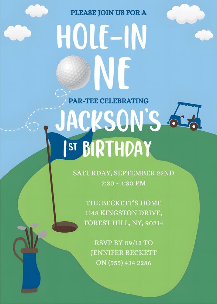 Hole in One 1st Birthday Invitation | Golf Theme First Birthday Canva Template