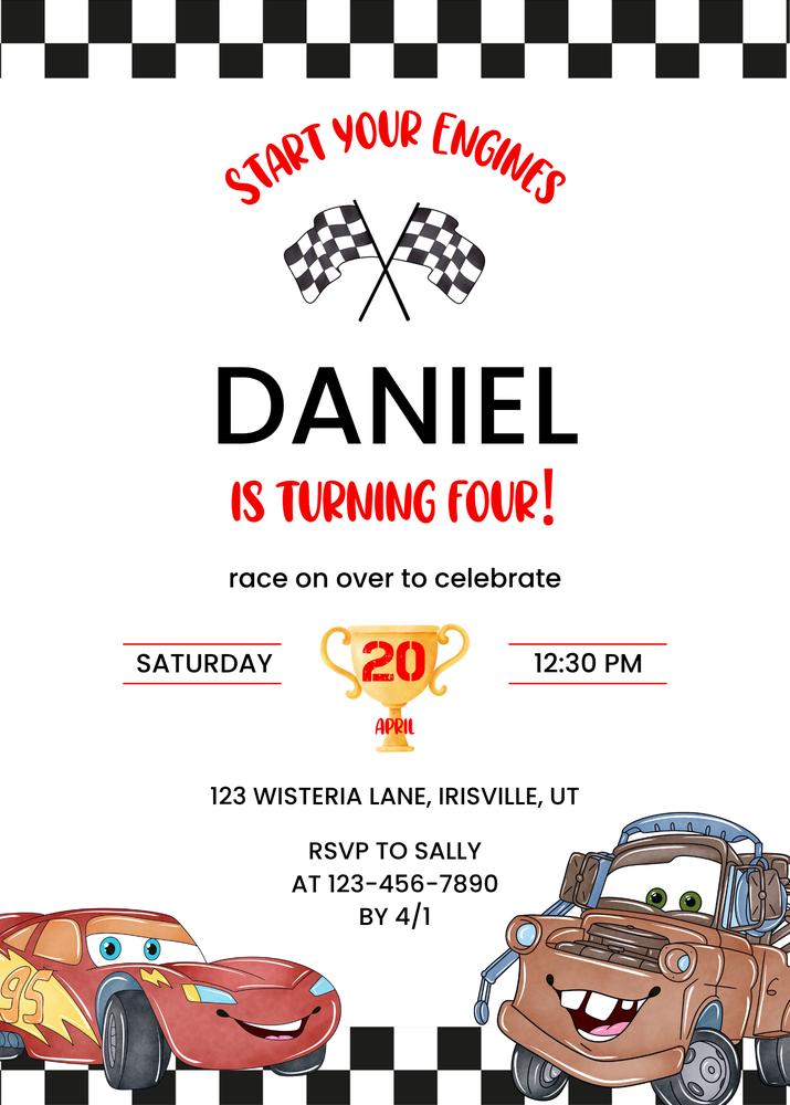Cars Lightning McQueen Birthday Invitation, Editable Boy Race Car Party Template