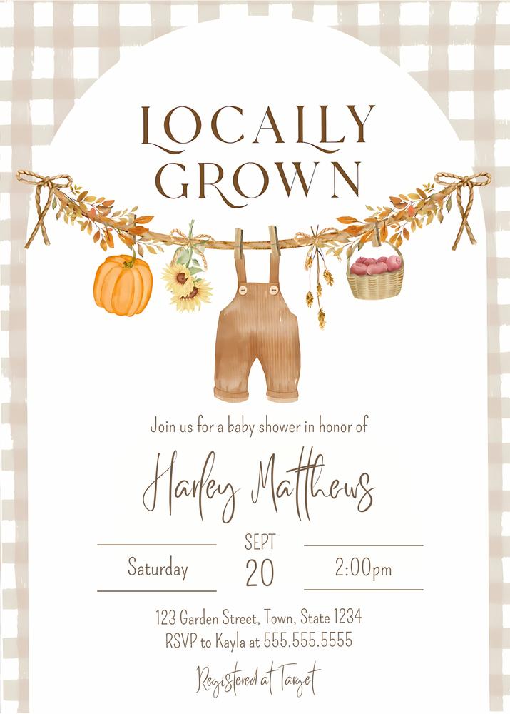Locally Grown Baby Shower Invitation | Fall Farmers Market Canva Template