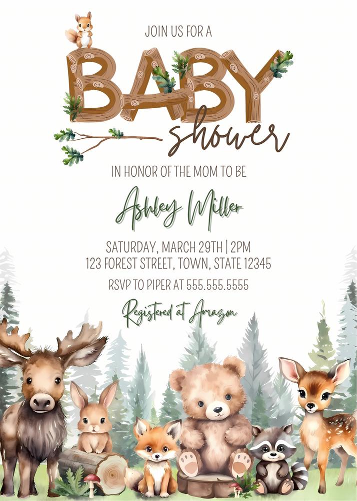Woodland Animals Baby Shower Invitation | Editable Canva Template
