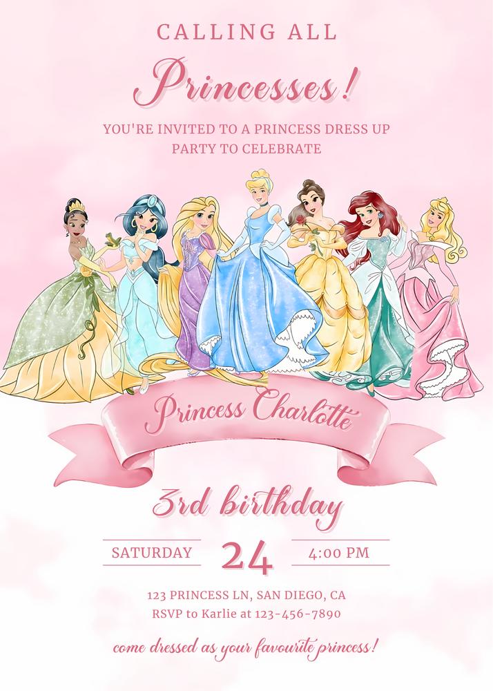 Editable Princess Birthday Invitation | Pink & Gold Girls Party Canva Template