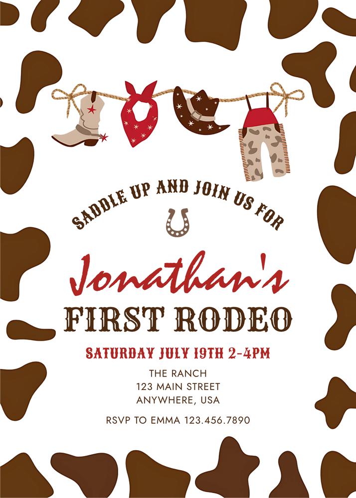 First Rodeo 1st Birthday Invitation Red Western Cowboy Canva Template