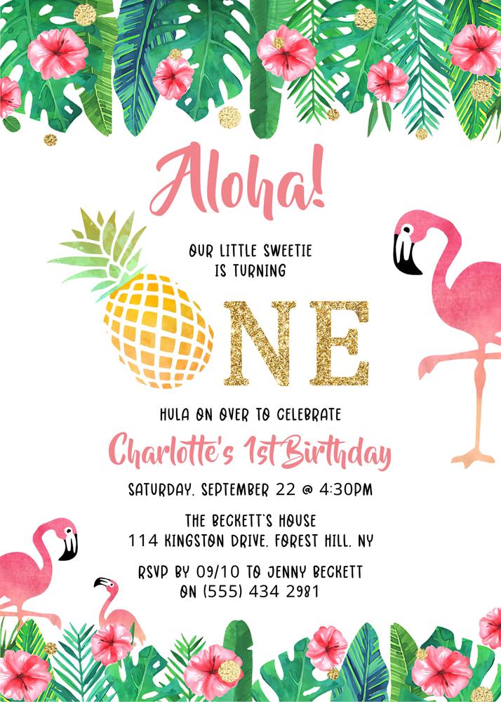 Tropical Summer Beach Luau Girls 1st Birthday Invitation Canva Template