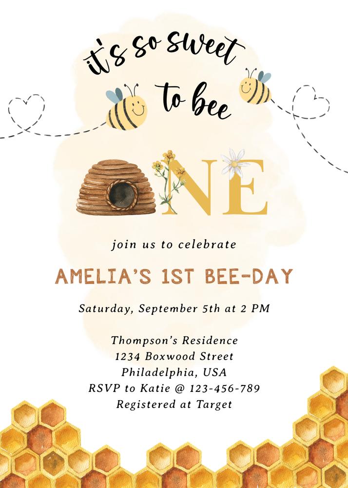 Sweet to Bee First Birthday Invitation | Editable Canva Template