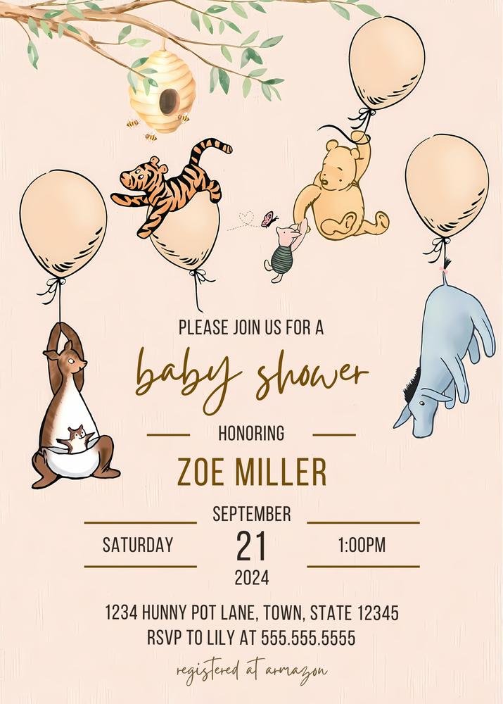Winnie the Pooh Baby Shower Invitation | Editable Canva Template