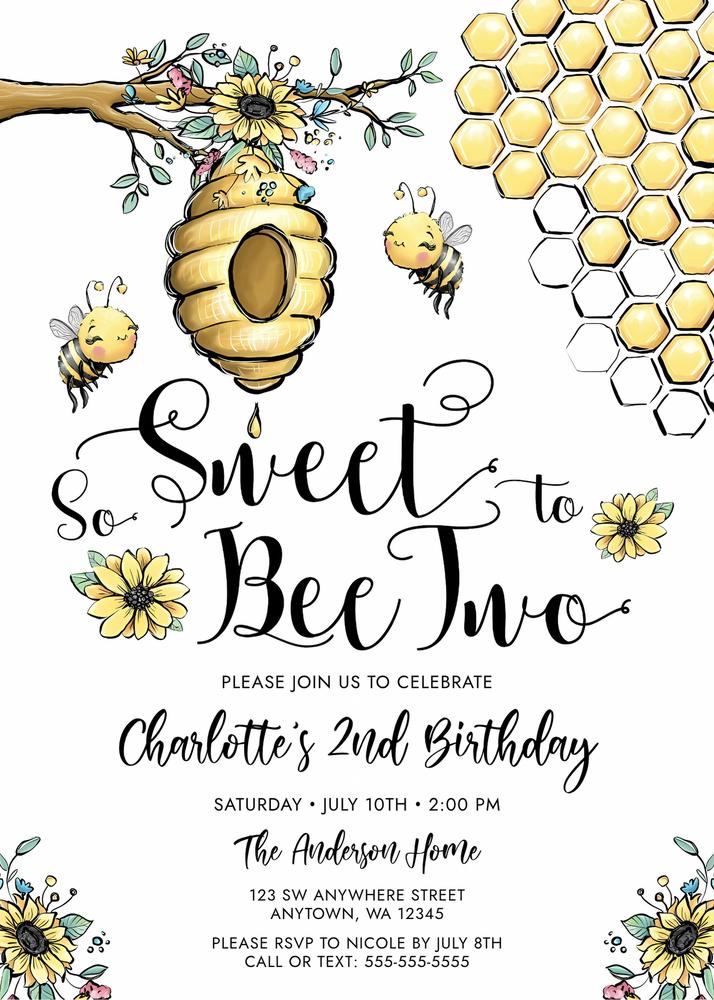 Floral Bee 2nd Birthday Invitation | Editable Honey Beehive Canva Template