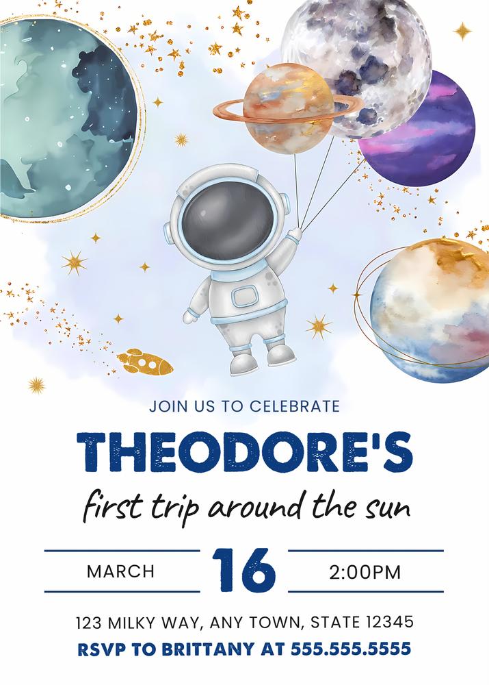 First Trip Around the Sun Birthday Invitation | Space Canva Template