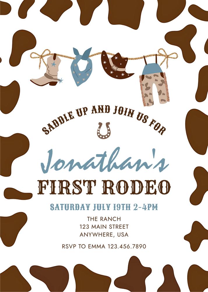 First Rodeo 1st Birthday Invitation | Blue Western Cowboy Canva Template