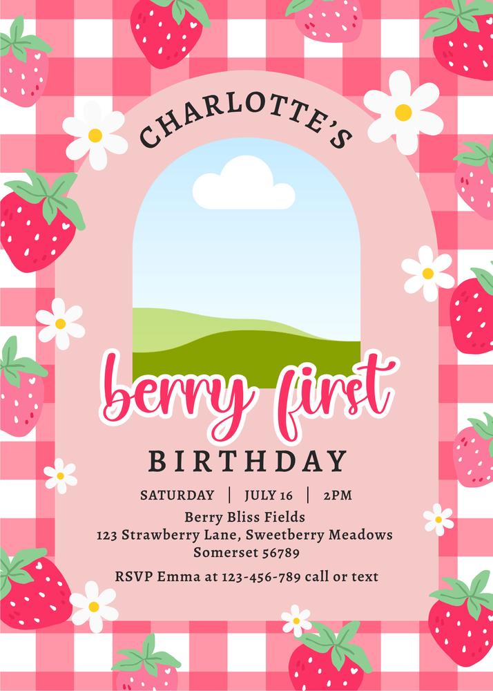 Berry First Birthday Invitation | Editable Strawberry 1st Birthday Canva Template