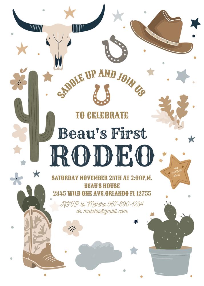 First Rodeo 1st Birthday Invitation | Cowboy Wild West Canva Template