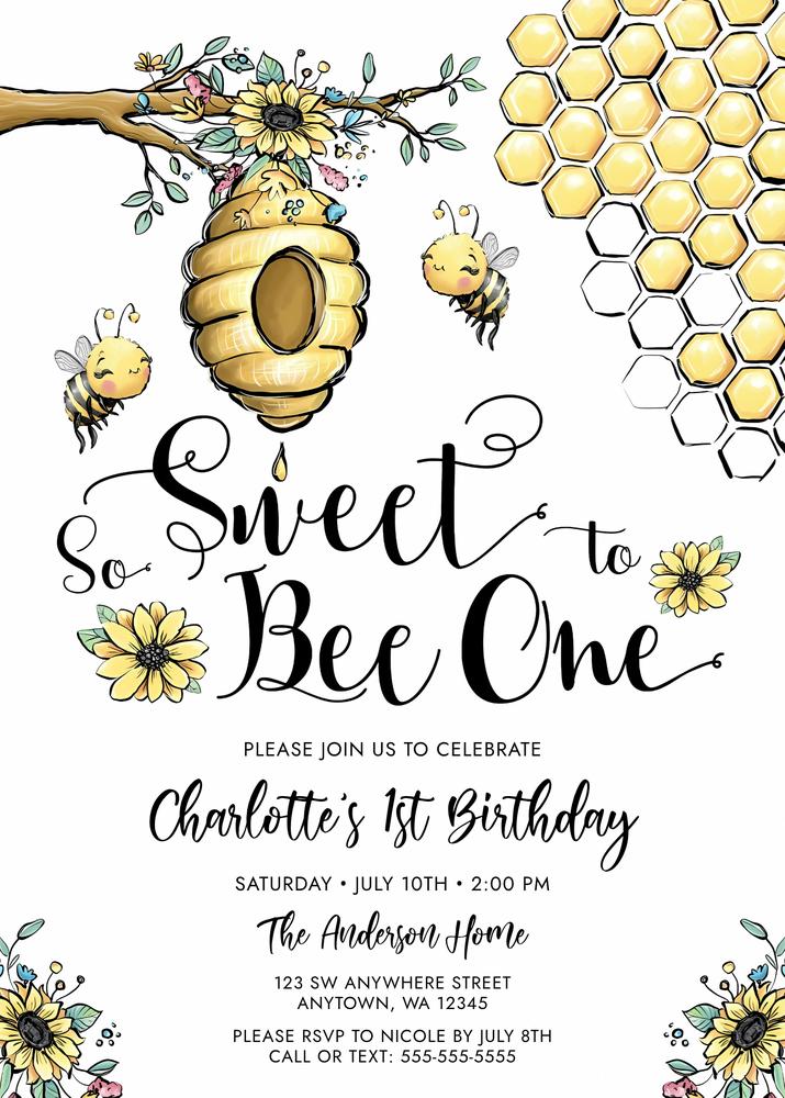 Floral Beehive 1st Birthday Invitation | Sweet One Bee Canva Template