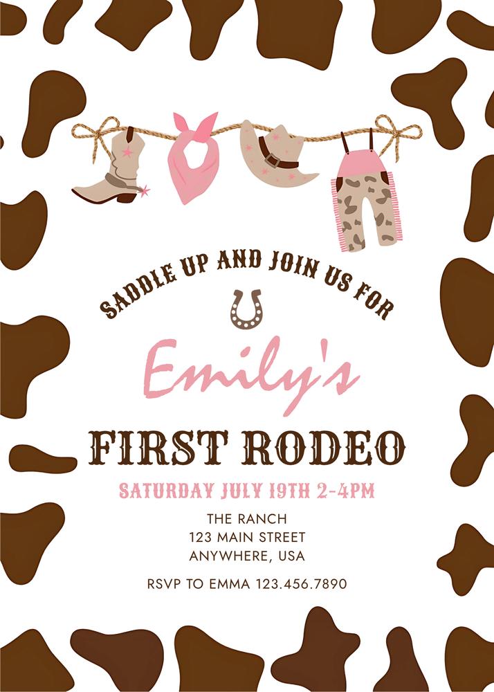 Editable First Rodeo Western Cowgirl 1st Birthday Invitation | Pink Canva Template
