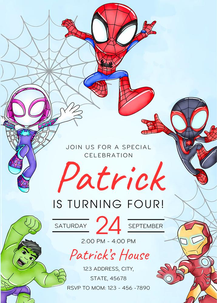 Watercolor Spidey and His Amazing Friends Birthday Invitation Canva Template