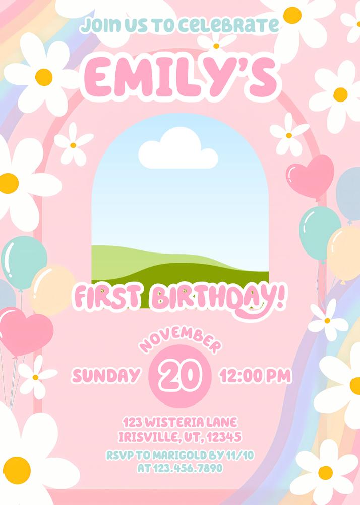 Pink Daisy Rainbow Girl 1st Birthday Invitation Template | Canva Photo Invite