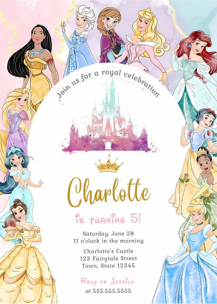 Editable Watercolor Princess Birthday Invitation | Pink & Gold Canva Template