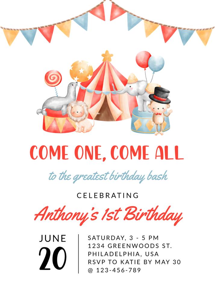 Editable Modern Cute Circus 1st Birthday Invitation Canva Template