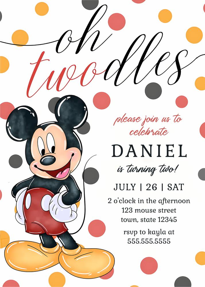 Oh Twodles Birthday Invitation | Editable Mickey Mouse Invite Canva Template