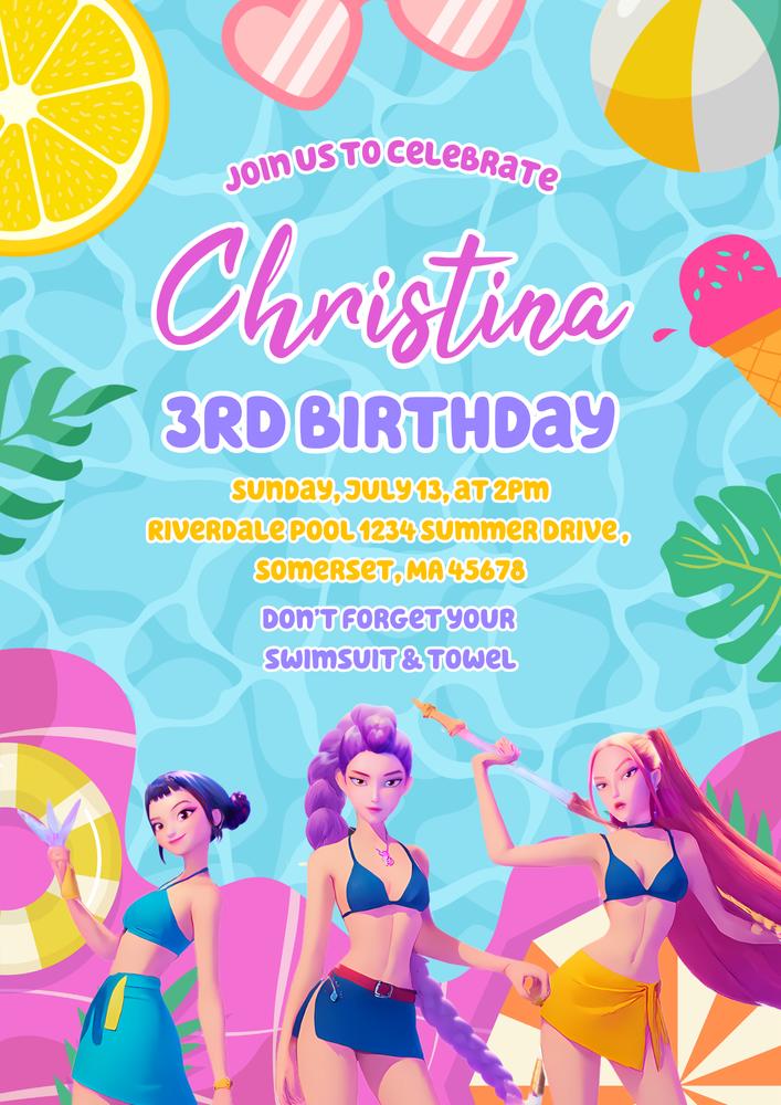 KPOP Demon Hunters Pool Party Invitation | Editable Canva Template