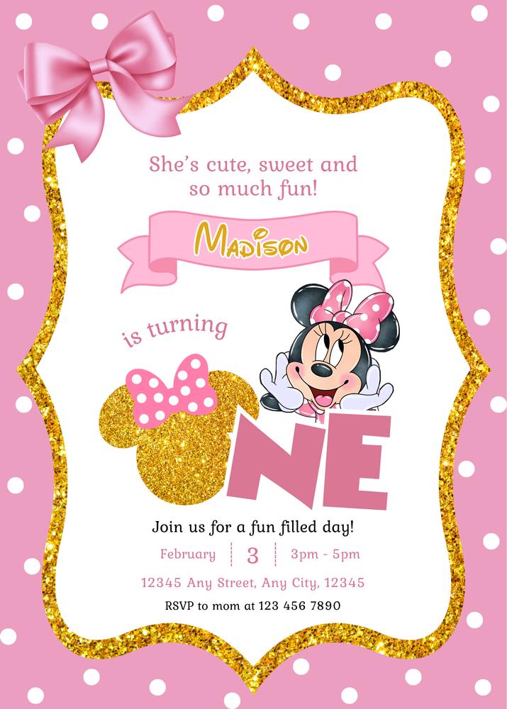 Minnie Mouse 1st Birthday Invitation | Pink & Gold Glitter Coquette Canva