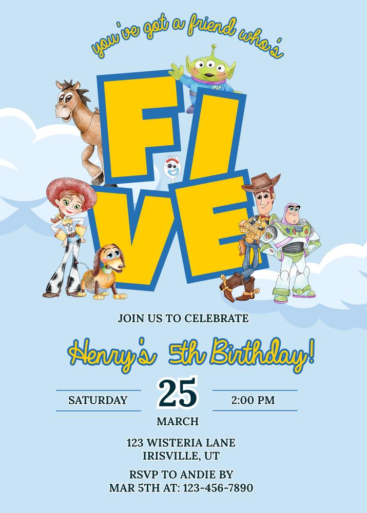 You’ve Got a Friend Whos FIVE Toy Story 5th Birthday Invitation Canva Template
