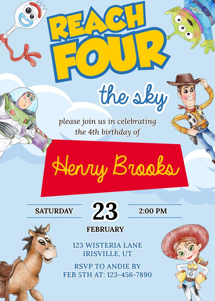 Toy Story 4th Birthday Invitation Template | Editable Reach for the Sky Invite