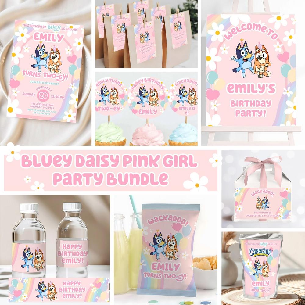 Bluey Daisy Pink Girl Birthday Invitation Bundle | Editable Canva Template