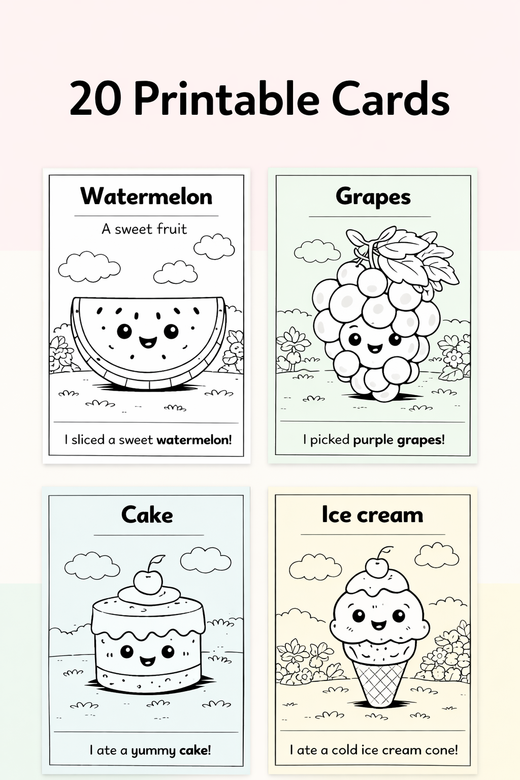 Fun Food Pack – Kids Vocabulary Coloring Cards (20 Printable Flashcards)