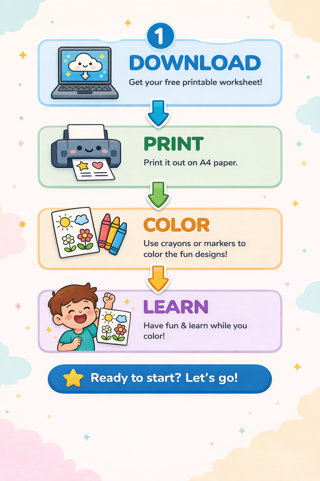 Fun Food Pack – Kids Vocabulary Coloring Cards (20 Printable Flashcards)