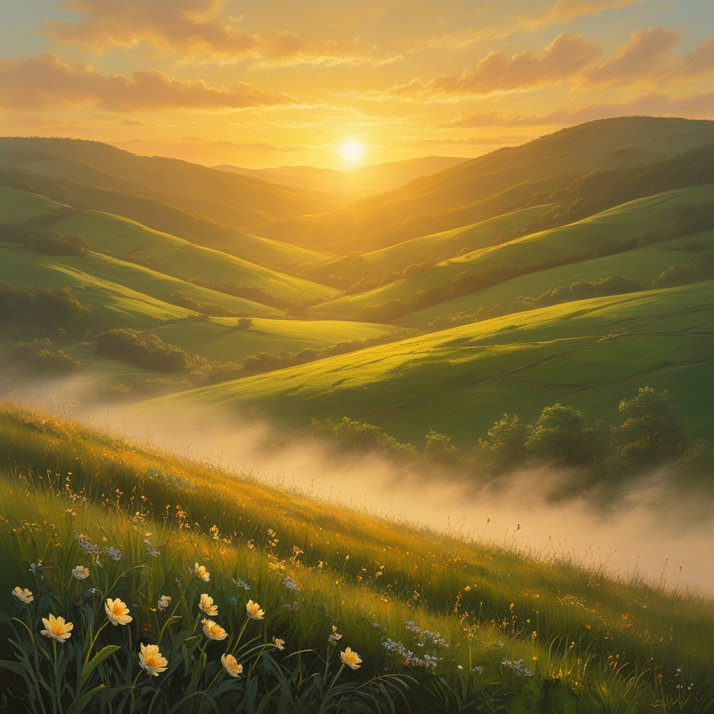 A golden sunrise over rolling green hills - Payhip
