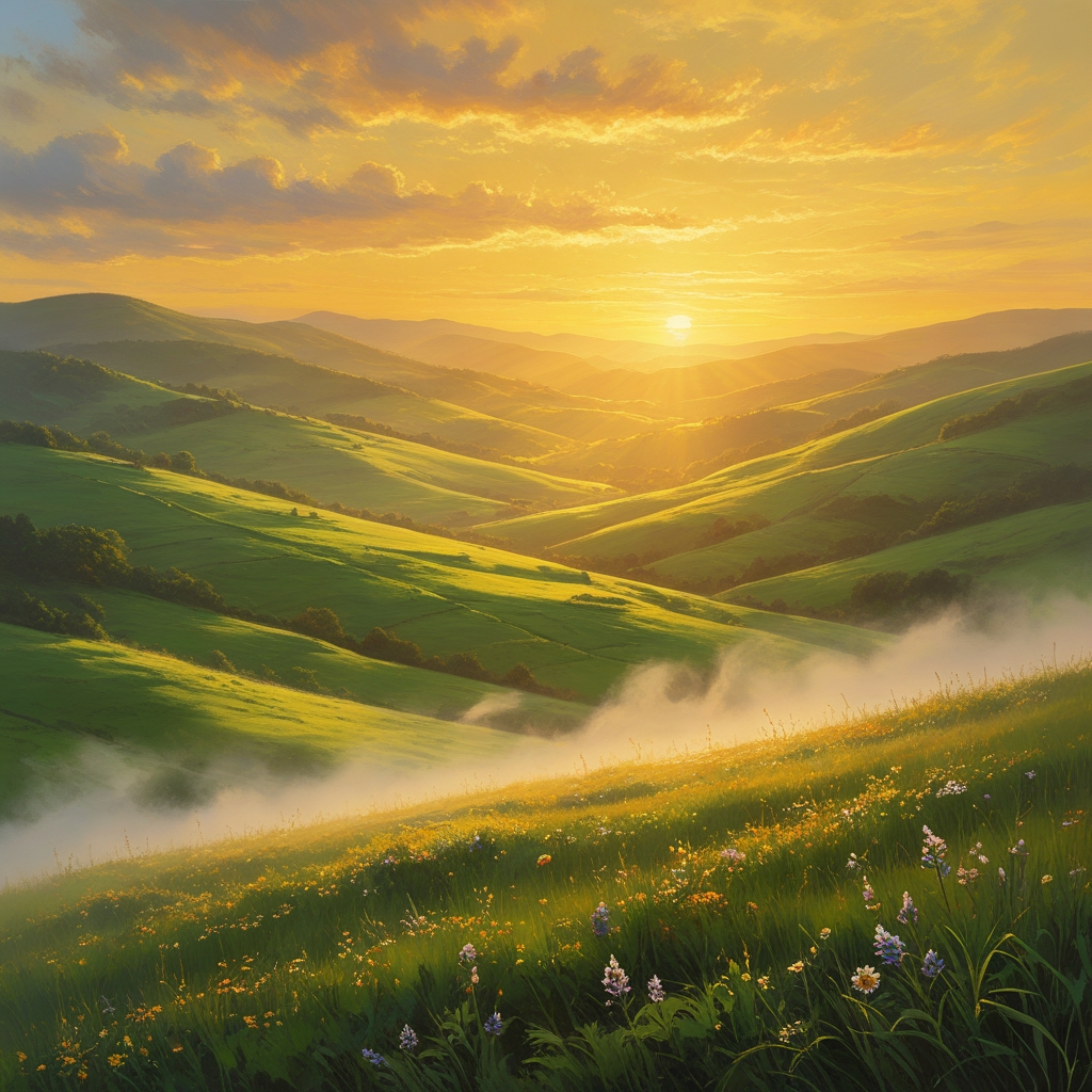 A golden sunrise over rolling green hills - Payhip