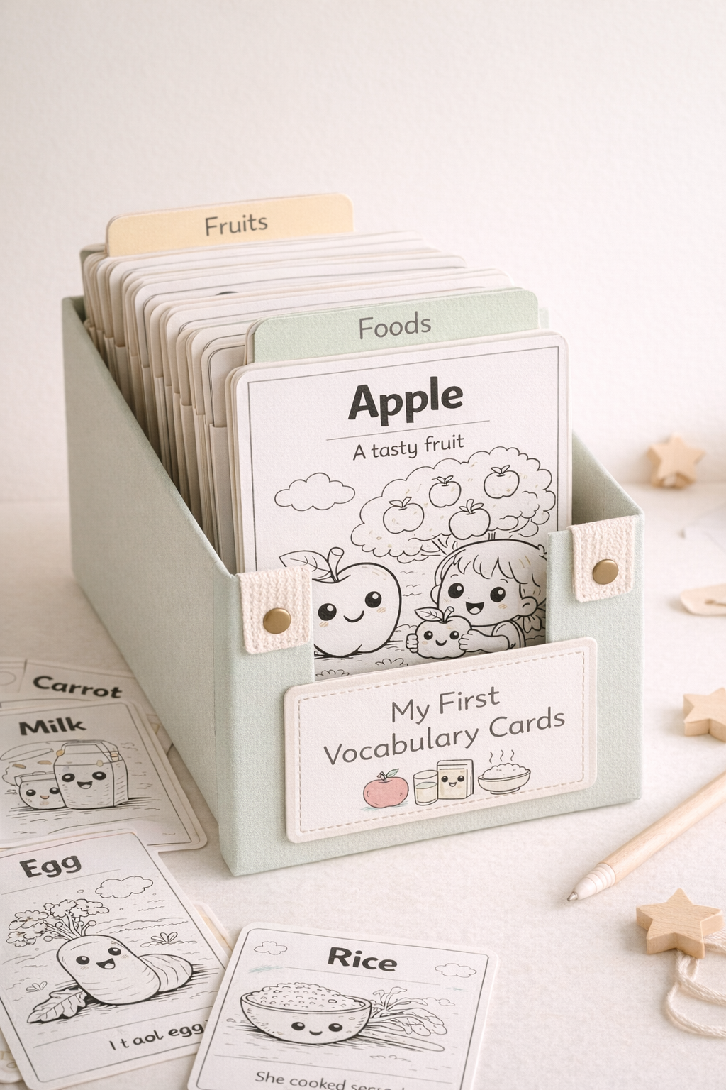 Fun Food Pack – Kids Vocabulary Coloring Cards (20 Printable Flashcards)