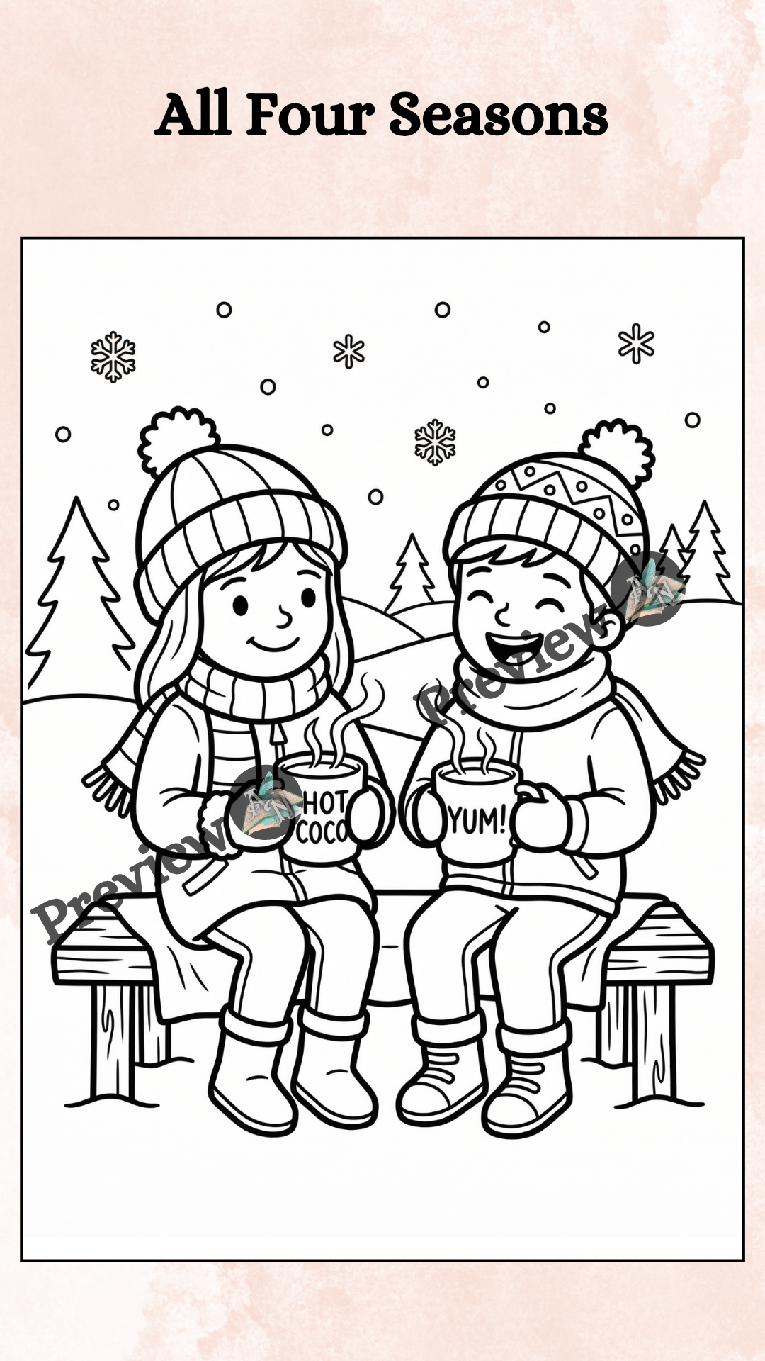 Winter-themed coloring page from seasons activity book showing two kids sitting on a bench drinking hot cocoa with snow falling around them. Part of a printable coloring book for kids ages 4–8.