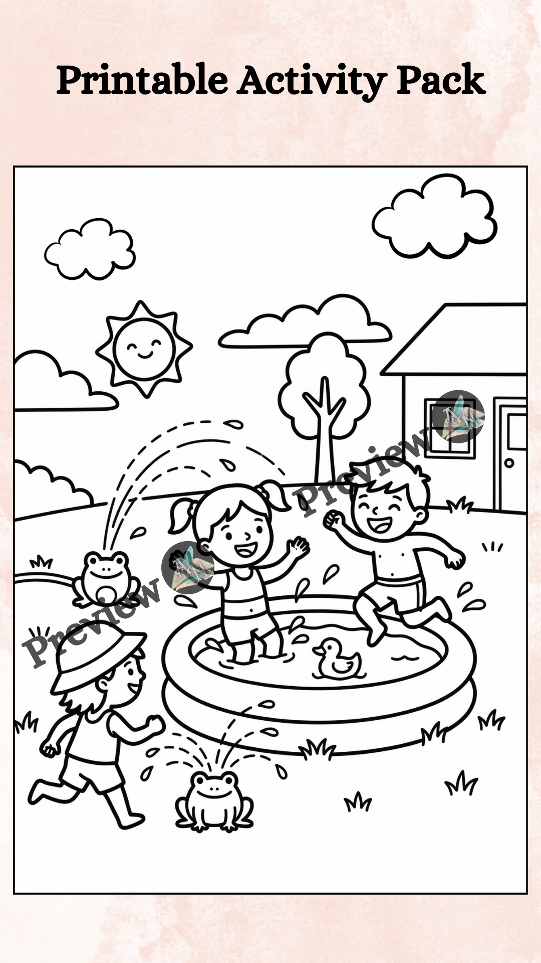 Summer-themed coloring page with kids playing in a small pool, frogs, sunshine, and outdoor fun scene. Printable activity pack page designed for children ages 4–8 for creative and screen-free play.