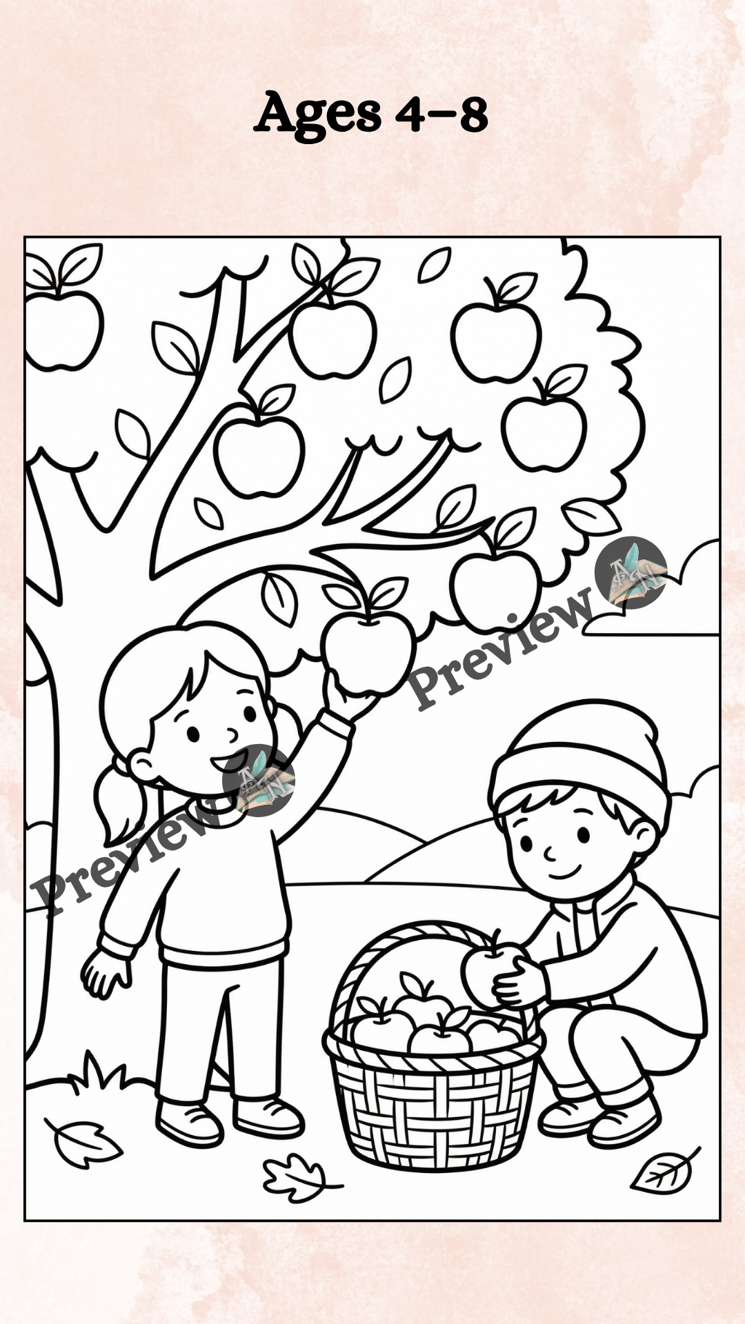 Autumn apple picking coloring page with children collecting apples from a tree into a basket. Simple black and white illustration suitable for kids ages 4–8 learning about seasons.