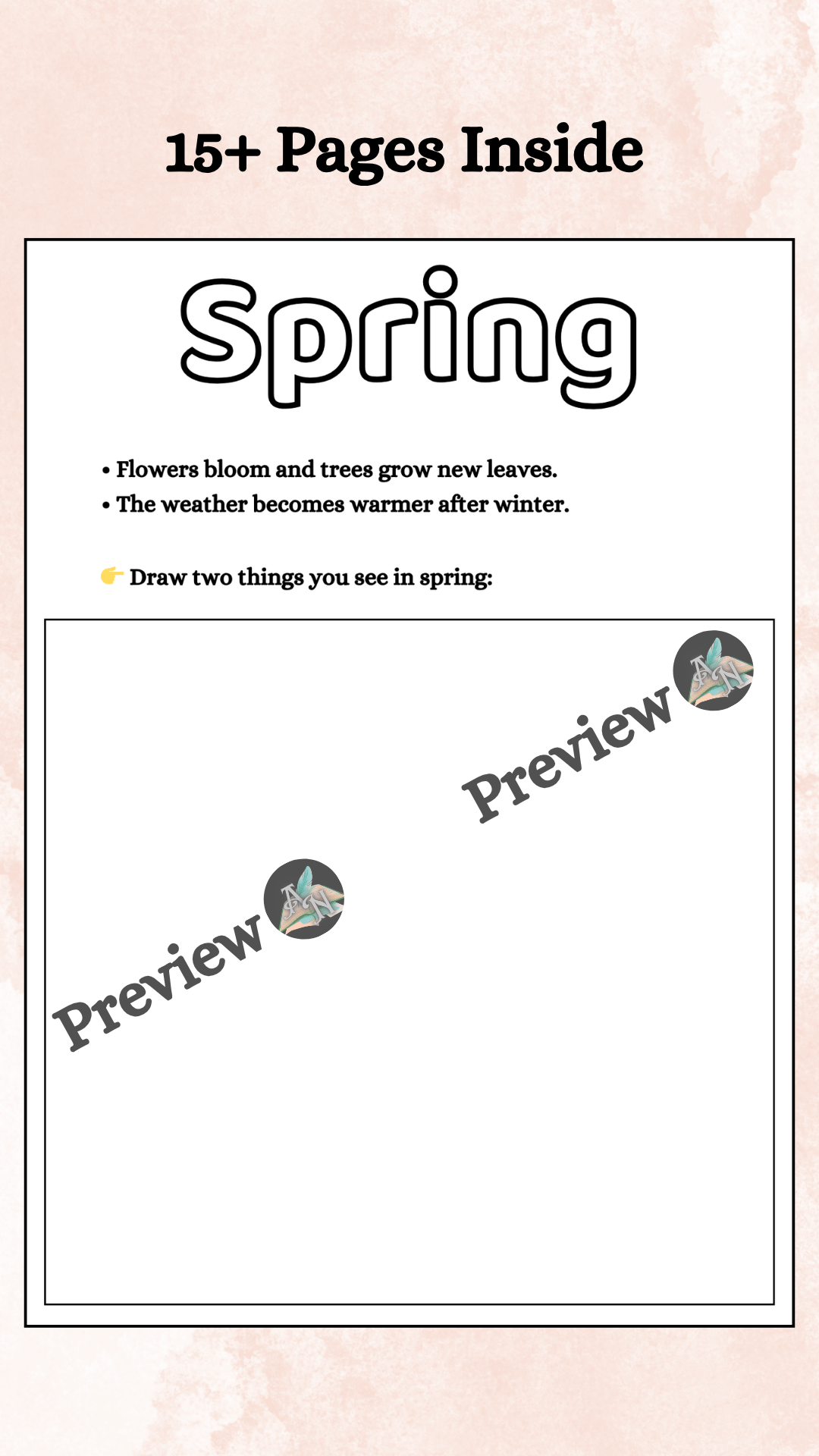 Spring introduction page with simple facts about the season and a drawing activity space for kids. Educational printable worksheet included in a seasons-themed coloring and activity book.