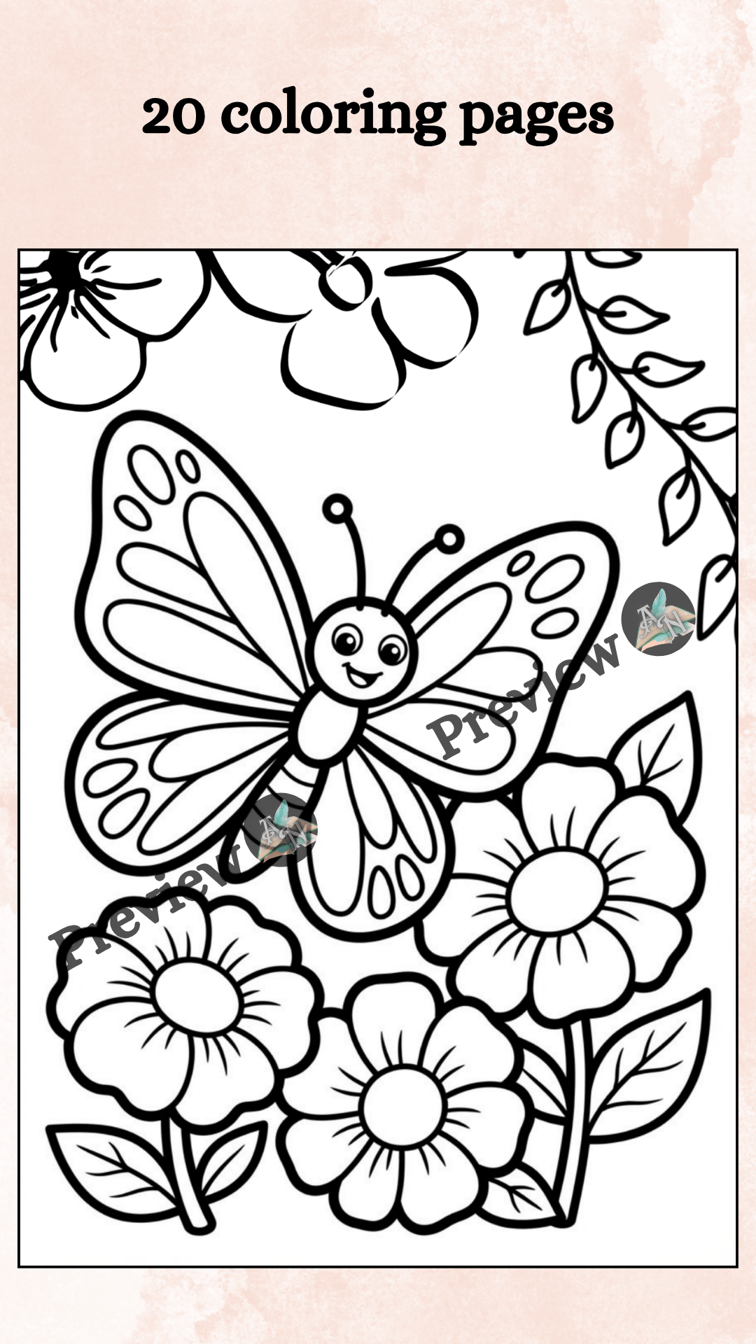 Spring coloring page with a butterfly flying over flowers and leaves. Easy line art design for children to color, part of a multi-season printable coloring book for kids ages 4–8.