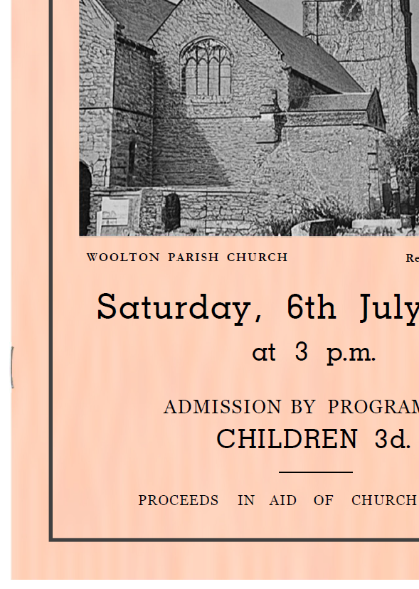 This download illustrates the front cover of the programme from the garden fete at Woolton parish church where John Lennon met Paul McCartney on Saturday 6th July 1957 with its correct pink colour.