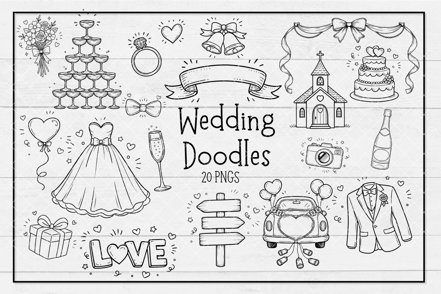 🖤 Wedding Doodle PNG Bundle – 20 Hand Drawn Clipart Elements - Payhip