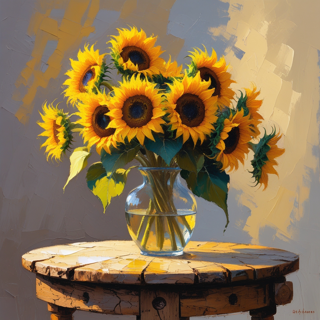 A rustic wooden table with a delicate vase overflowing with sunflowers ...